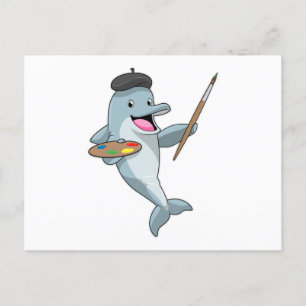 Dolphin as Painter with Paint brush & Colour Postcard
