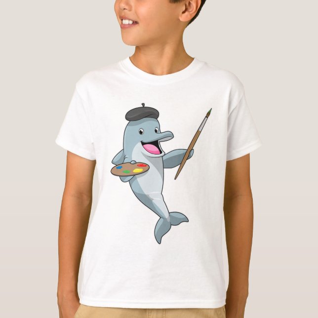 Dolphin as Painter with Paint brush & Colour T-Shirt (Front)
