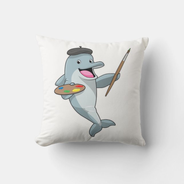 Dolphin as Painter with Paint brush & Colour Throw Pillow (Front)