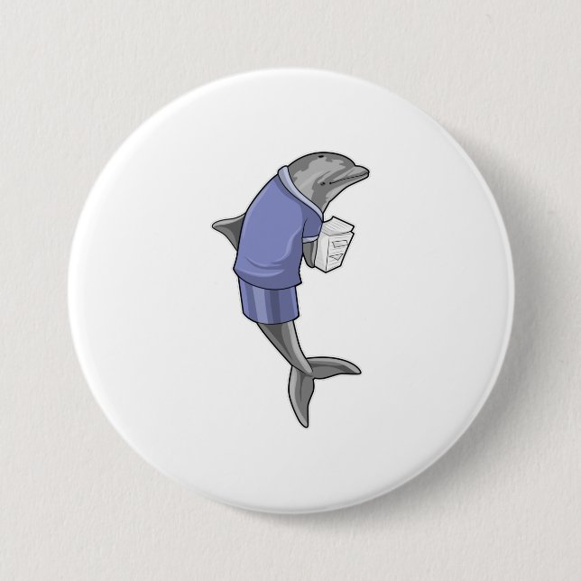 Dolphin as Secretary with Stack of paper 3 Inch Round Button (Front)