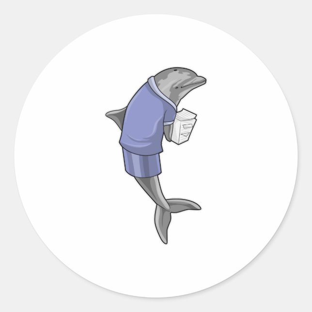 Dolphin as Secretary with Stack of paper Classic Round Sticker (Front)