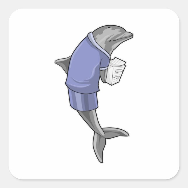 Dolphin as Secretary with Stack of paper Square Sticker (Front)