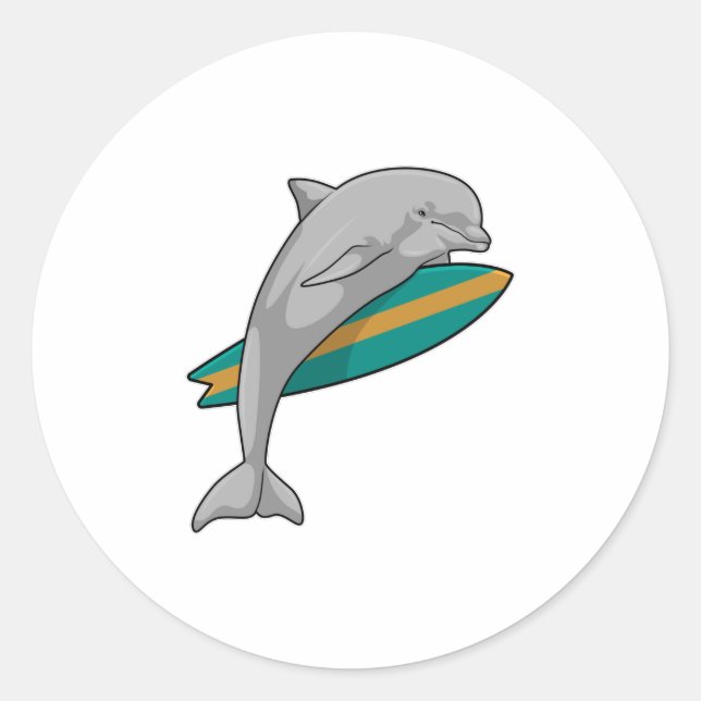Dolphin as Surfer with Surfboard Classic Round Sticker (Front)