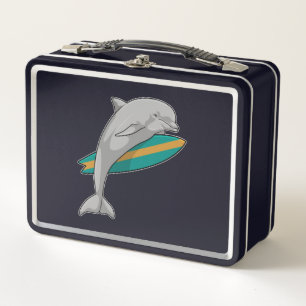 Dolphin as Surfer with Surfboard Metal Lunch Box