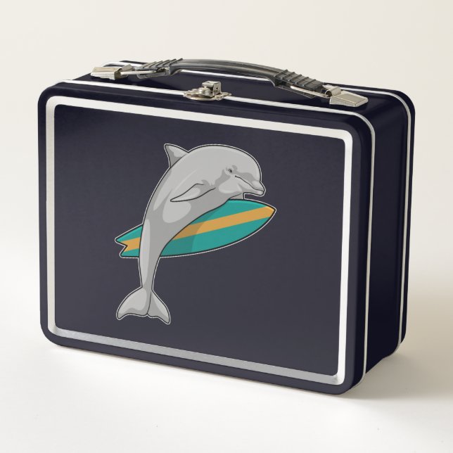 Dolphin as Surfer with Surfboard Metal Lunch Box (Front)