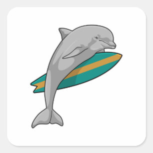 Dolphin as Surfer with Surfboard Square Sticker