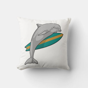 Dolphin as Surfer with Surfboard Throw Pillow