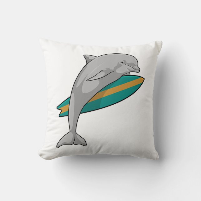 Dolphin as Surfer with Surfboard Throw Pillow (Front)