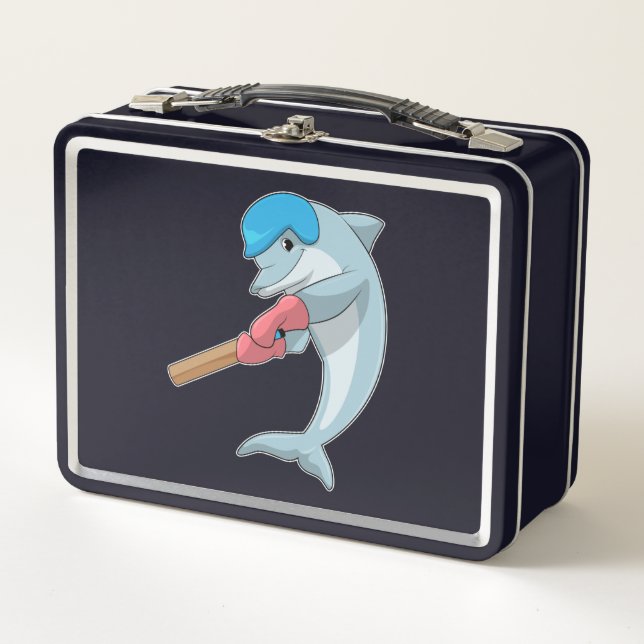 Dolphin at Cricket with Cricket bat Metal Lunch Box (Front)