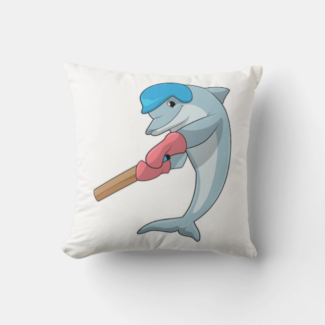 Dolphin at Cricket with Cricket bat Throw Pillow (Front)