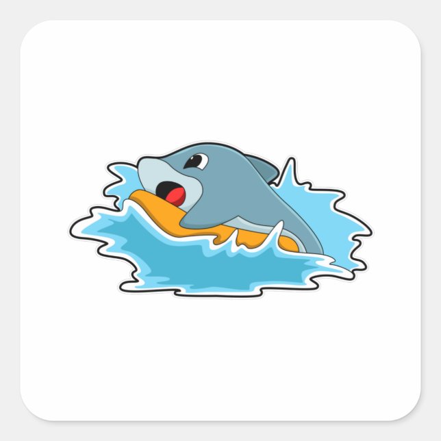 Dolphin at Surfing with Surfboard Square Sticker (Front)
