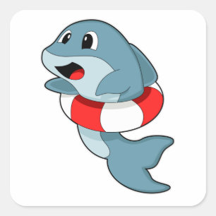 Dolphin at Swimming with Swim ring Square Sticker