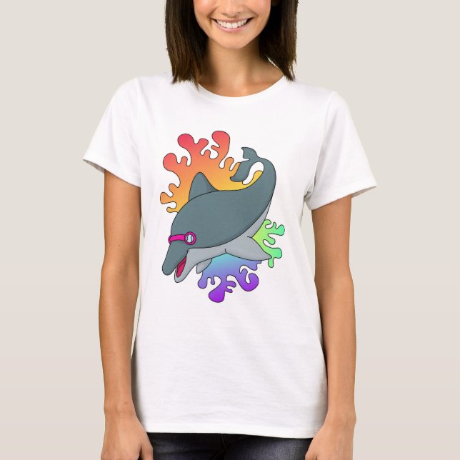 Dolphin at Swimming with Swimming goggles T-Shirt (Front)