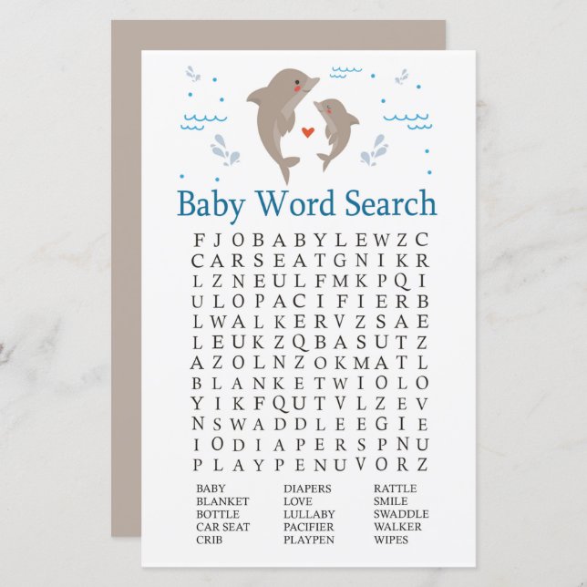 Dolphin Baby Shower Word Search Game (Front/Back)