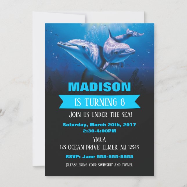 Dolphin Birthday Invitaion Pool Party Invite (Front)