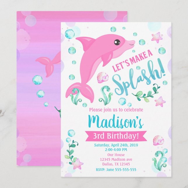 Dolphin Birthday Invitation / Swimming Pool Party (Front/Back)