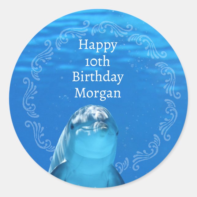 Dolphin Blue Ocean 10th Birthday Party Classic Round Sticker (Front)