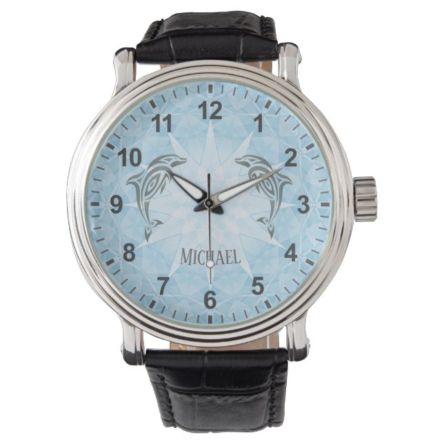 Dolphin Blue White Star Customization Numbers Watch (Front)