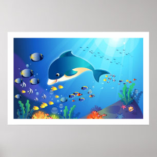 Dolphin & Colourful Sea-Life Digital Illustration Poster