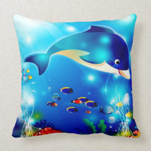 Dolphin & Colourful Sea-Life Digital Illustration Throw Pillow