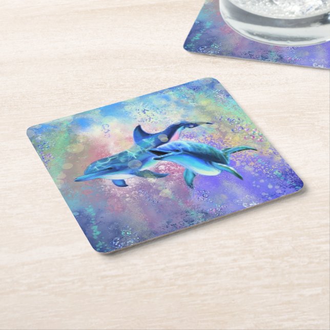 Dolphin Couple - Add Your Picture / Text Square Paper Coaster (Angled)