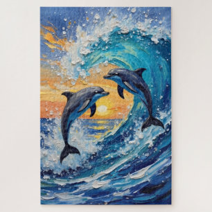 Dolphin Couple Graceful Sunset Leap Art Jigsaw Puzzle