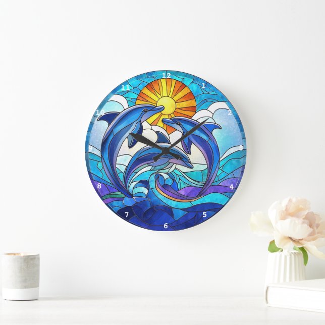 Dolphin Dance of Light" - Stained Glass Ocean  Large Clock (Home)