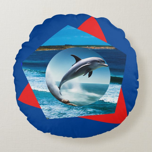 Dolphin Dancing On The Waves, Round Cushion (Front)