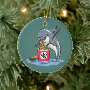 Dolphin Eating Ramen Illustration Ceramic Ornament