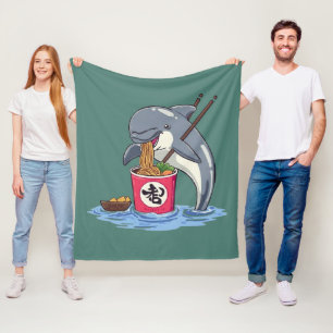 Dolphin Eating Ramen Illustration Fleece Blanket