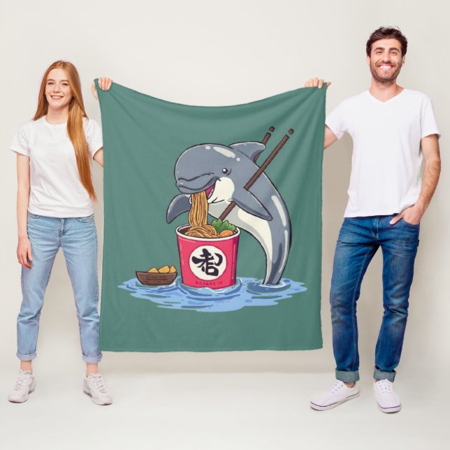 Dolphin Eating Ramen Illustration Fleece Blanket (In Situ)