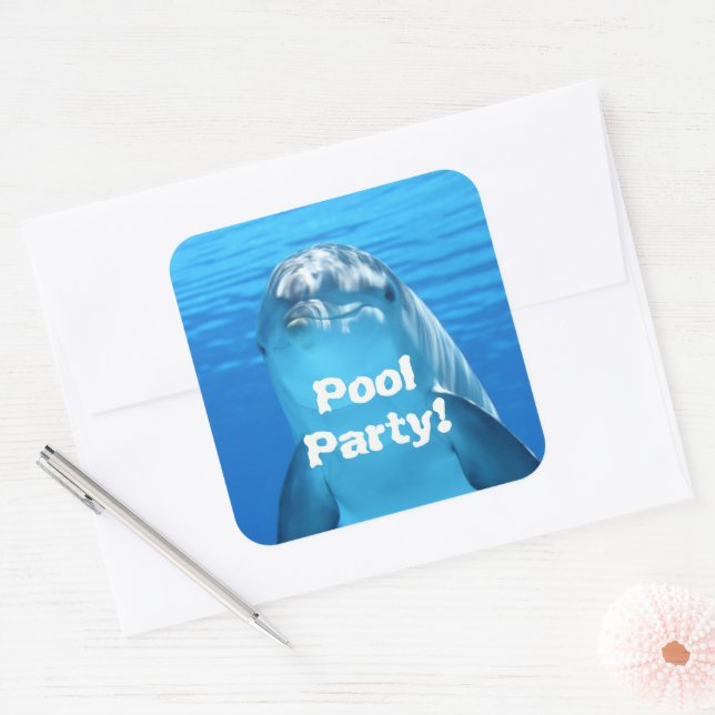 Dolphin Face Underwater Pool Party Birthday Square Sticker (Envelope)