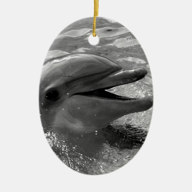 Dolphin head in water mouth open Black and White Ceramic Ornament (Front)