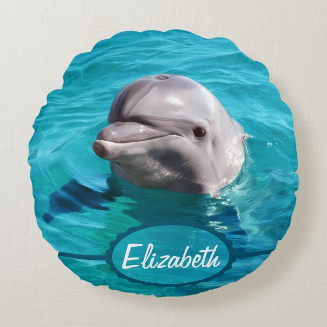 Dolphin in Blue Water Photo Round Pillow (Front)