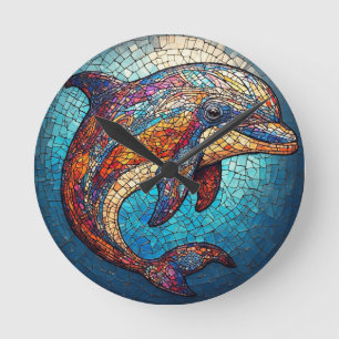 Dolphin in Intricate Stained Glass Artistic Style Round Clock