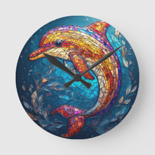 Dolphin in Intricate Stained Glass Artistic Style Round Clock
