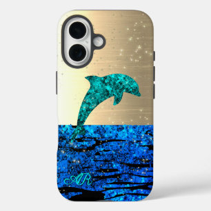 Dolphin in the sea, sparkling, monogrammed  iPhone 16 case