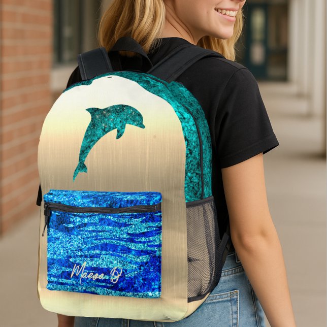 Dolphin in the sea, sparkling personalized printed backpack (In situ - AI generated picture)