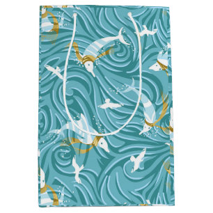 Dolphin Joy Tropical Nautical Christmas/Aqua, Gold Medium Gift Bag