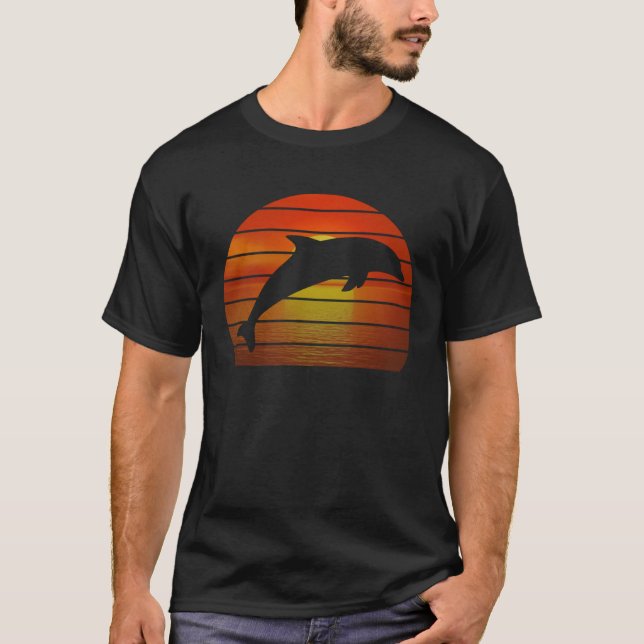 Dolphin jumping retro orange ocean sunset dolphin T-Shirt (Front)