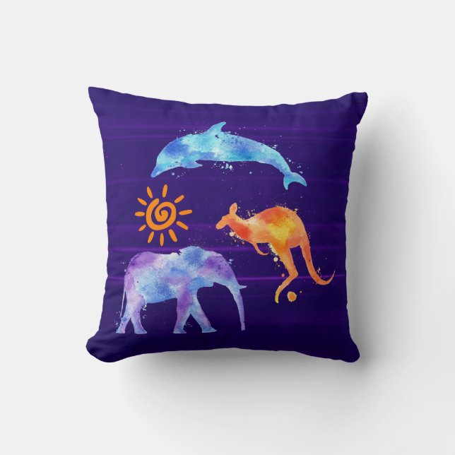 Dolphin Kangaroo and Elephant Watercolor Throw Pillow (Front)