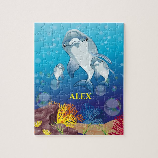 Dolphin kids puzzle with child's name. (Vertical)