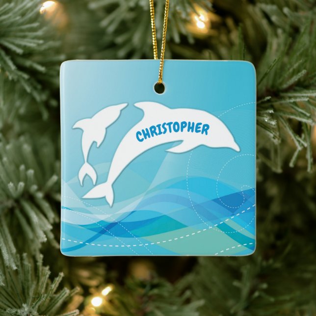 Dolphin Leaping in Ocean Personalized Ceramic Ornament (Tree)