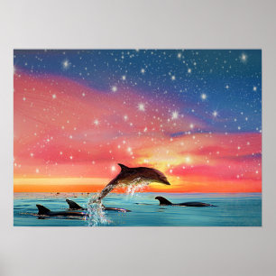 Dolphin Leaping   Whimsical Animal Sea and Stars Poster