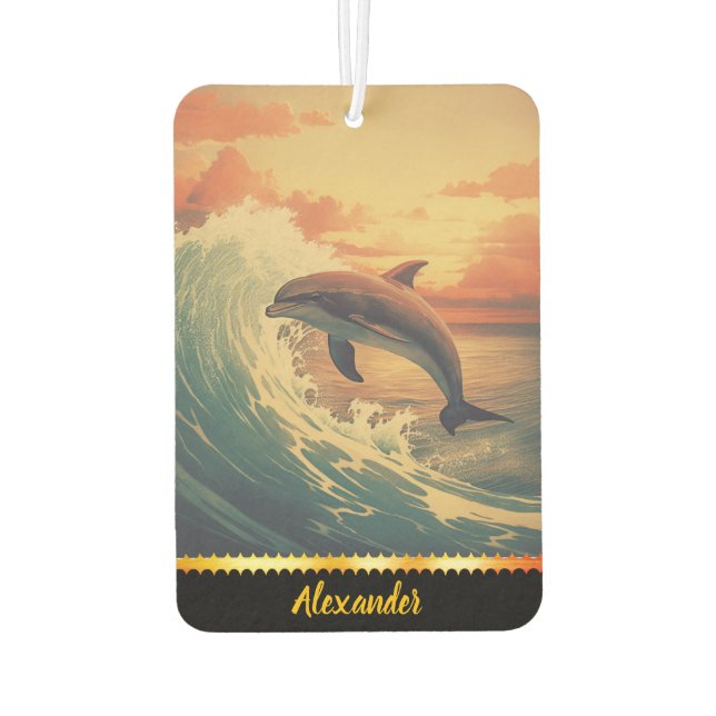 Dolphin leaps among colourful ocean waves air freshener (Back)