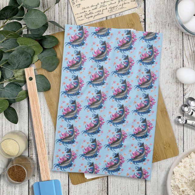 Dolphin Lotus Flowers Cherry Blossoms Kitchen Towel (Creator Uploaded)