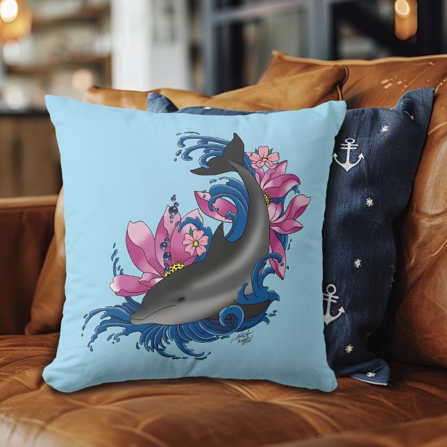 Dolphin Lotus Flowers Cherry Blossoms Throw Pillow (Creator Uploaded)
