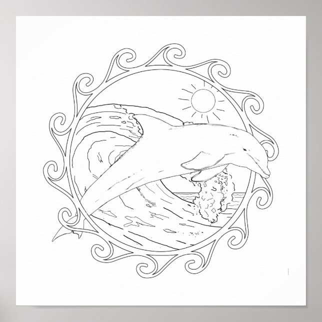 Dolphin Maori Sun Adult Colouring Poster (Front)