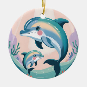 Dolphin Mom and Baby Ceramic Ornament