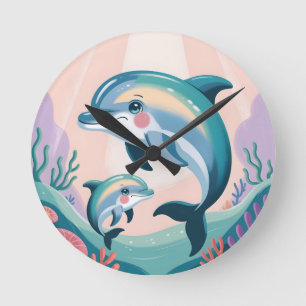 Dolphin Mom and Baby Round Clock